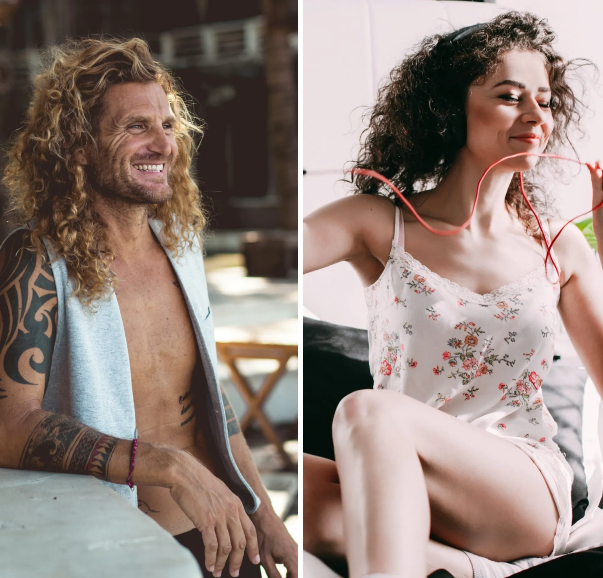 Immagine divisa: a sinistra, un uomo sorridente con lunghi capelli ricci e tatuaggi è seduto all'aperto. A destra, una donna con i capelli ricci ascolta musica in casa, con gli occhi chiusi e sorridente.