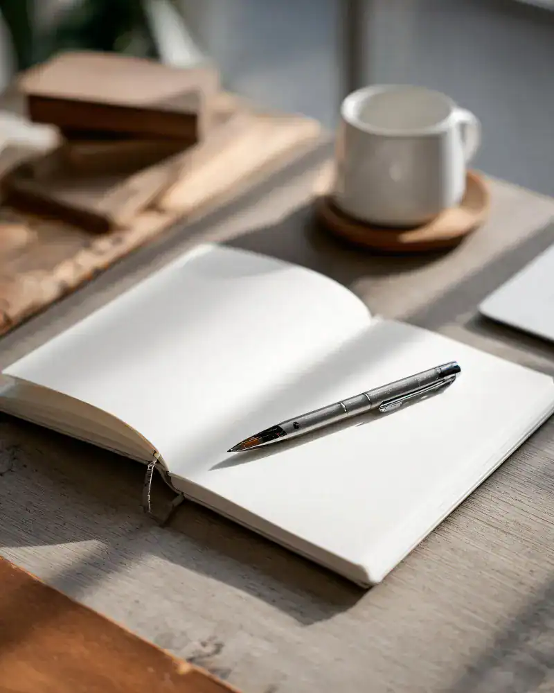 Su una scrivania di legno, accanto a una tazza bianca e ad altri oggetti, si trova un quaderno bianco aperto con una penna appoggiata sulle pagine.